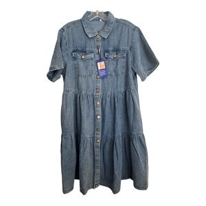 Tiered Ruffle Midi Denim Shirt Dress Distressed Button Down Jean Babydoll